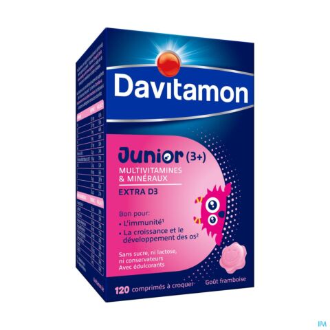 Davitamon Junior Vitamine D + Magnésium + Mix Goût Framboise Enfants 3-6 ans 120 Comprimés à Croquer