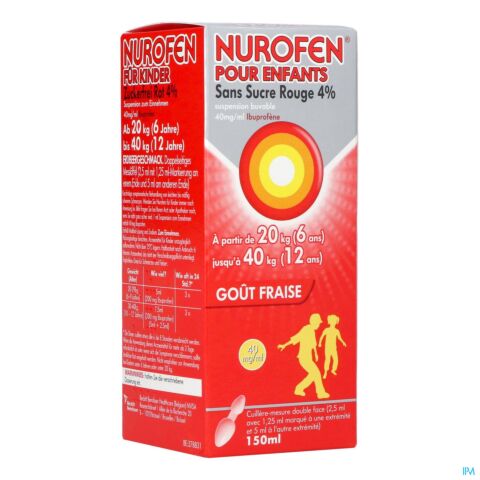 Nurofen Enfants 20kg / 6 à 12 ans Rouge 4% Sirop Sans Sucre Fraise Flacon 150ml