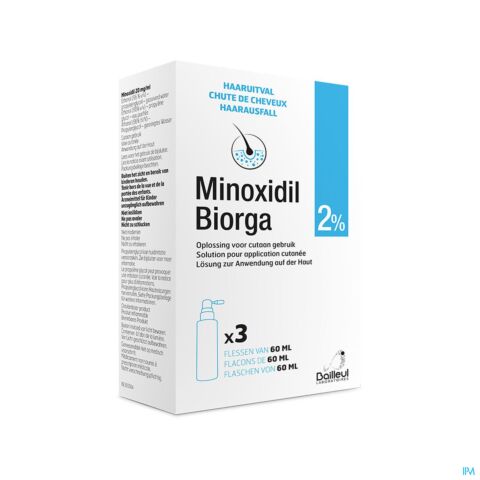 Minoxidil Biorga 2% Chute de Cheveux Hommes & Femmes Flacons 3x60ml