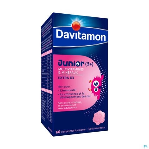 Davitamon Junior Vitamine D + Magnésium + Mix Goût Framboise Enfants 3-6 ans 60 Comprimés à Croquer