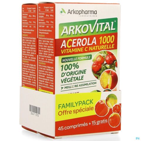 Arkopharma Arkovital Acerola 1000 Vitamine C Naturelle PROMO 45 Comprimés + 15 GRATUITS