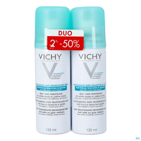 Vichy Déodorant Anti-Transpirant Anti-Traces Jaunes et Blanches Spray Duo 2x125ml