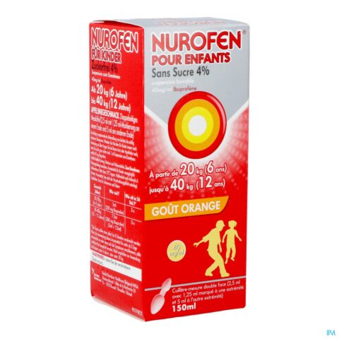 Nurofen Enfants 20kg / 6 à 12 ans Orange 4% Sirop Sans Sucre Orange Flacon 150ml