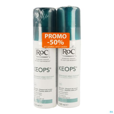 Roc Keops Déodorant Fraîcheur Sans Parfum Peau Normale Spray 2x100ml Promo 2ème à -50%
