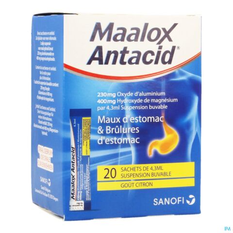 Maalox Antacid Goût Citron 230mg/400mg par 4,3ml de Suspension Buvable 20 Sachets