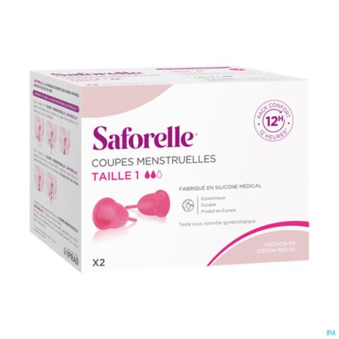 Saforelle Pack Confort 12h 2 Coupes Menstruelles Taille 1 + 1 Boîte de Stérilisation & Transport